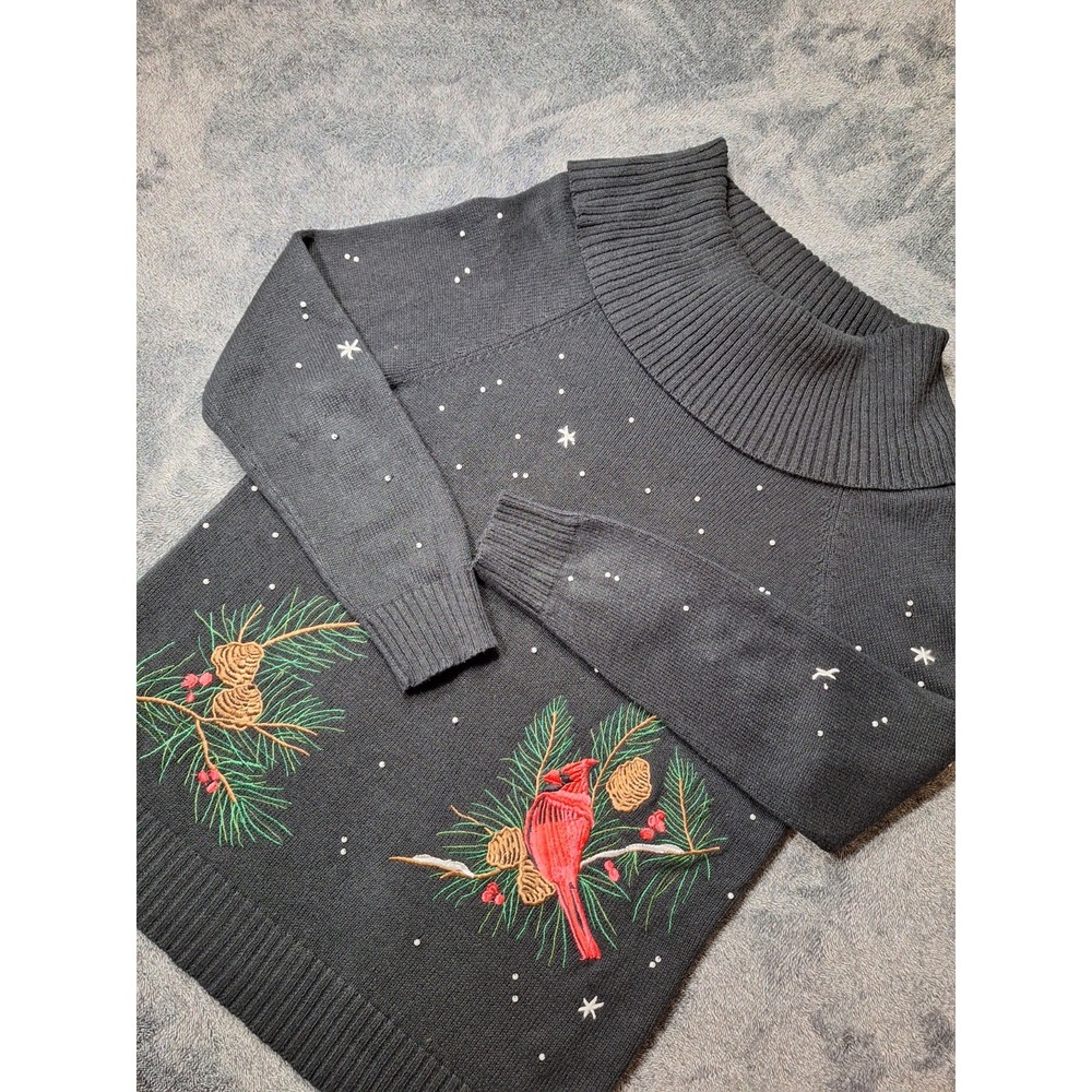 Vtg Dressbarn Embroidered Red Cardinal Cowl Neck‎ Sweater Womens Small Black